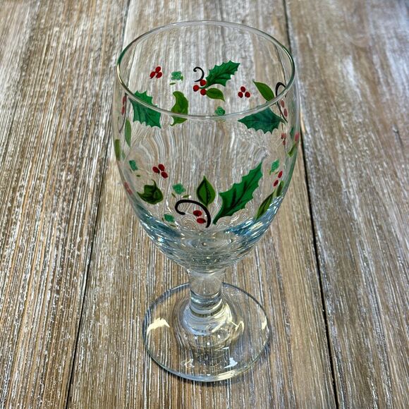 Libbey Holly and Berries Glass Stemware (5) Wine Glasses Water Goblets 12 oz - Picture 1 of 6